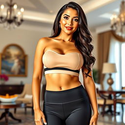 A 21-year-old Latina maid with buxom features, showcasing her 34D breasts