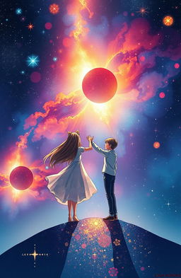 A mesmerizing book cover illustration depicting a vast universe, filled with stars and galaxies