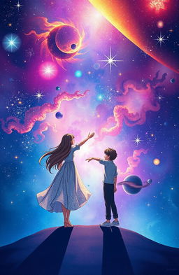 A mesmerizing book cover illustration depicting a vast universe, filled with stars and galaxies