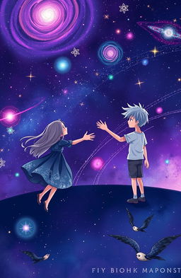 A captivating book cover design set in a vast universe, featuring a girl and a boy positioned far apart from each other, reaching out with their hands as if trying to connect across the distance