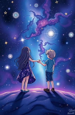 A captivating book cover design set in a vast universe, featuring a girl and a boy positioned far apart from each other, reaching out with their hands as if trying to connect across the distance