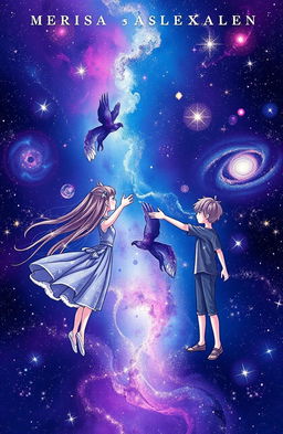A captivating book cover design set in a vast universe, featuring a girl and a boy positioned far apart from each other, reaching out with their hands as if trying to connect across the distance