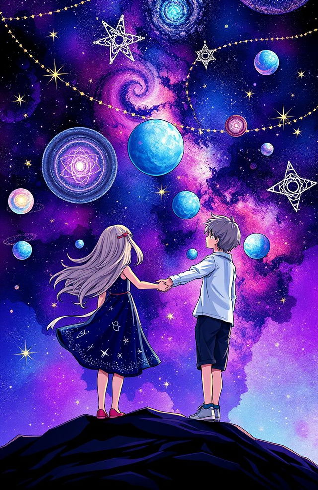 A captivating book cover design set in a vast universe, featuring a girl and a boy positioned far apart from each other, reaching out with their hands as if trying to connect across the distance