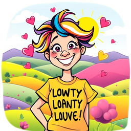 A whimsical cartoon of a quirky lady wearing a bright and colorful t-shirt with a humorous slogan, surrounded by playful elements like floating hearts and stars