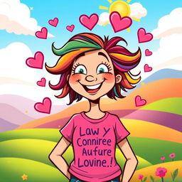 A whimsical cartoon of a quirky lady wearing a bright and colorful t-shirt with a humorous slogan, surrounded by playful elements like floating hearts and stars