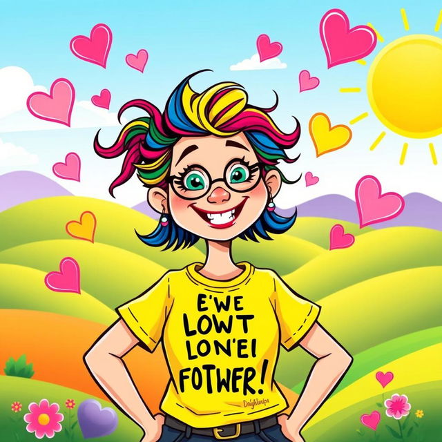 A whimsical cartoon of a quirky lady wearing a bright and colorful t-shirt with a humorous slogan, surrounded by playful elements like floating hearts and stars