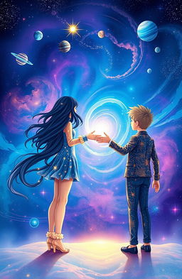 An artwork for a book cover depicting a cosmic scene featuring a girl and a boy standing far apart in a vast universe