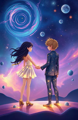 An artwork for a book cover depicting a cosmic scene featuring a girl and a boy standing far apart in a vast universe