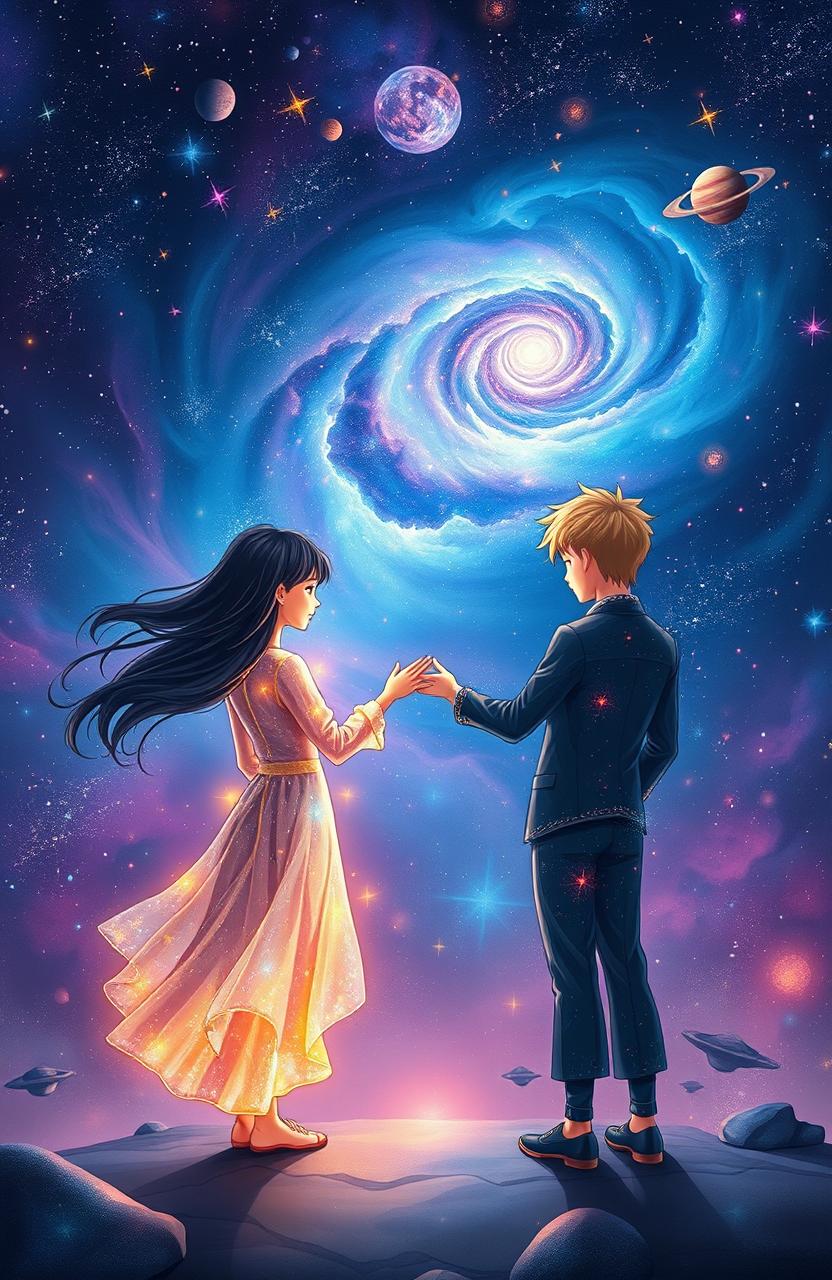 An artwork for a book cover depicting a cosmic scene featuring a girl and a boy standing far apart in a vast universe