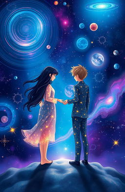 An artwork for a book cover depicting a cosmic scene featuring a girl and a boy standing far apart in a vast universe