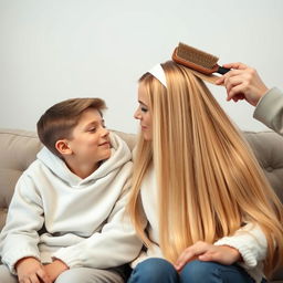 A teenage boy sitting on a sofa with his mother, who has very long, soft, and straight hair flowing down freely, adorned with a white headband