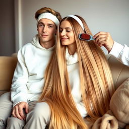 A teenage boy sitting on a sofa with his mother, who has very long, soft, and straight hair flowing down freely, adorned with a white headband