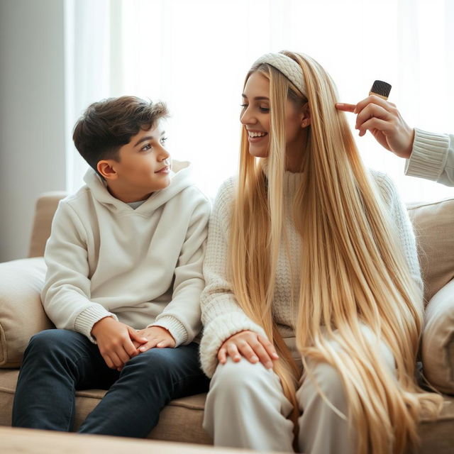 A teenage boy sitting on a sofa with his mother, who has very long, soft, and straight hair flowing down freely, adorned with a white headband