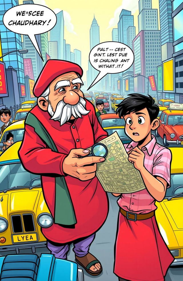 A vibrant comic book scene depicting Chacha Chaudhary, a clever old man with a witty demeanor and a distinct mustache, wearing his signature red kurta and a matching cap