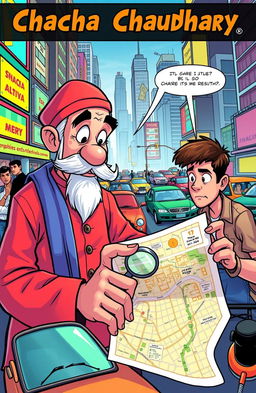 A vibrant comic book scene depicting Chacha Chaudhary, a clever old man with a witty demeanor and a distinct mustache, wearing his signature red kurta and a matching cap