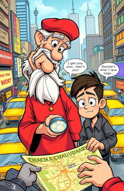 A vibrant comic book scene depicting Chacha Chaudhary, a clever old man with a witty demeanor and a distinct mustache, wearing his signature red kurta and a matching cap