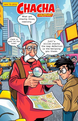 A vibrant comic book scene depicting Chacha Chaudhary, a clever old man with a witty demeanor and a distinct mustache, wearing his signature red kurta and a matching cap