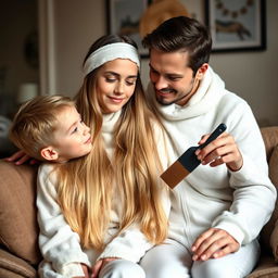 A teenage boy sitting on a sofa with his mother, who has very long, soft, and straight hair cascading down freely, adorned with a white headband