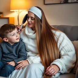 A teenage boy sitting on a sofa with his mother, who has very long, soft, and straight hair cascading down freely, adorned with a white headband