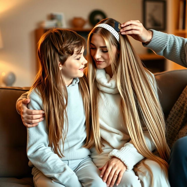 A teenage boy sitting on a sofa with his mother, who has very long, soft, and straight hair cascading down freely, adorned with a white headband