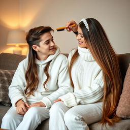 A teenage boy sitting on a sofa with his mother, who has very long, soft, and straight hair cascading down freely, adorned with a white headband