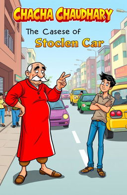 Chacha Chaudhary, the iconic Indian comic book character, depicted as an elderly man with a mustache and a vibrant red kurta, using his sharp deduction skills to help a distressed young man find his stolen car
