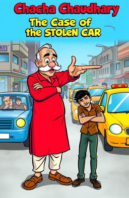 Chacha Chaudhary, the iconic Indian comic book character, depicted as an elderly man with a mustache and a vibrant red kurta, using his sharp deduction skills to help a distressed young man find his stolen car