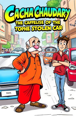 Chacha Chaudhary, the iconic Indian comic book character, depicted as an elderly man with a mustache and a vibrant red kurta, using his sharp deduction skills to help a distressed young man find his stolen car