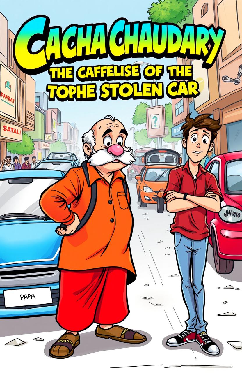 Chacha Chaudhary, the iconic Indian comic book character, depicted as an elderly man with a mustache and a vibrant red kurta, using his sharp deduction skills to help a distressed young man find his stolen car