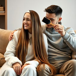 A teenager sitting on a sofa with his mother, who has very long, soft, and straight hair flowing down freely