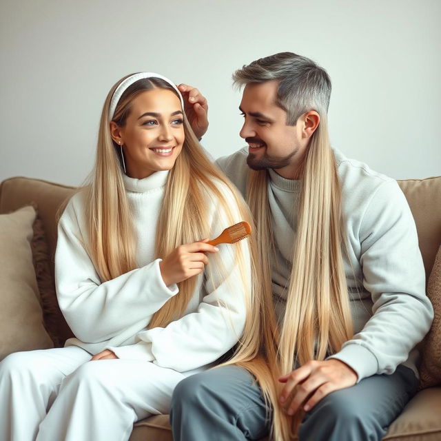 A teenager sitting on a sofa with his mother, who has very long, soft, and straight hair flowing down freely