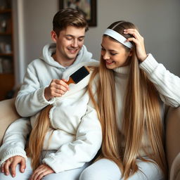A teenager sitting on a sofa with his mother, who has very long, soft, and straight hair flowing down freely