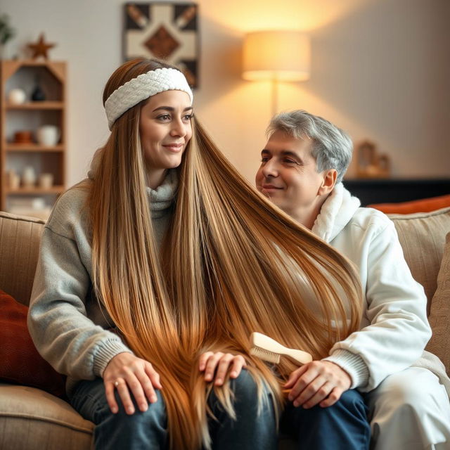 A teenager sitting on a sofa with his mother, who has incredibly long, soft, and straight hair flowing down freely