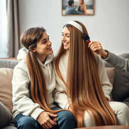 A teenager sitting on a sofa with his mother, who has incredibly long, soft, and straight hair flowing down freely