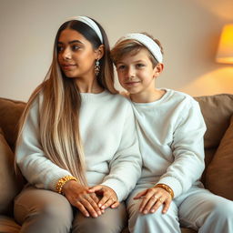 A teenager sitting on a sofa with his mother, who has incredibly long, soft, and straight hair flowing down freely