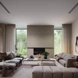 A modern and sophisticated interior design, featuring a spacious living room with minimalist furniture, ambient lighting, and toned-down neutral colors.