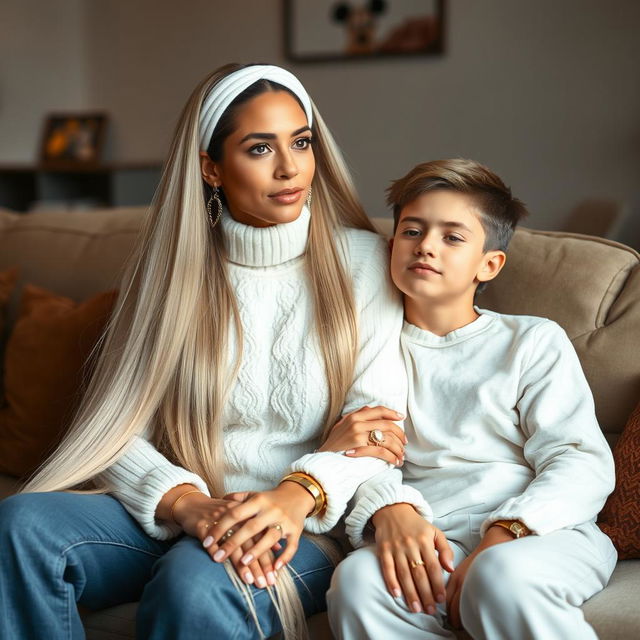 A teenager sitting on a sofa with his mother, who has incredibly long, soft, and straight hair flowing down freely