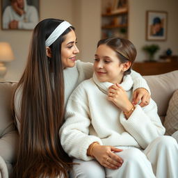 A teenager sitting on a sofa with his mother, who has incredibly long, soft, and straight hair flowing down freely