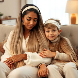 A teenager sitting on a sofa with his mother, who has incredibly long, soft, and straight hair flowing down freely