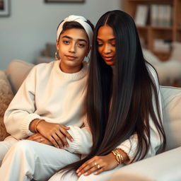 A teenager sitting on a sofa with his mother, who has incredibly long, soft, and straight hair flowing down freely