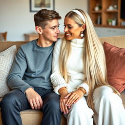 A teenager sitting on a sofa with his mother, who has incredibly long, soft, and straight hair flowing down freely
