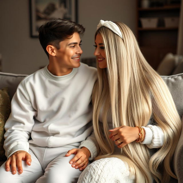 A teenager sitting on a sofa with his mother, who has incredibly long, soft, and straight hair flowing down freely