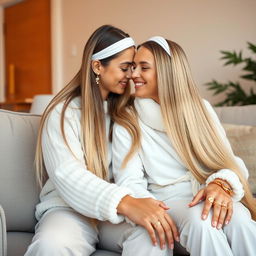 A teenager sitting on a sofa with his mother, who has incredibly long, soft, and straight hair flowing down freely