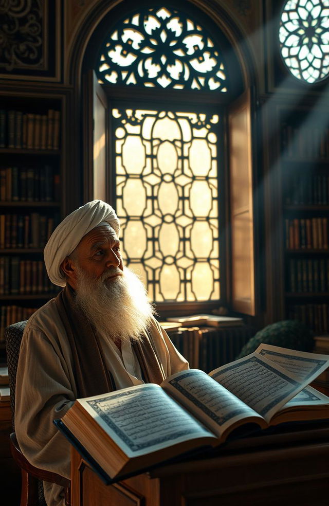 A peaceful and serene scene depicting a thoughtful scholar reflecting on the concepts of Islam and humanity, seated in a beautiful library filled with Islamic texts, the Quran prominently displayed on a wooden lectern