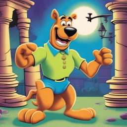 A fun, energetic image of Scooby Doo with his signature goofy smile, preparing for a new adventure in a spooky, yet lighthearted, haunted mansion