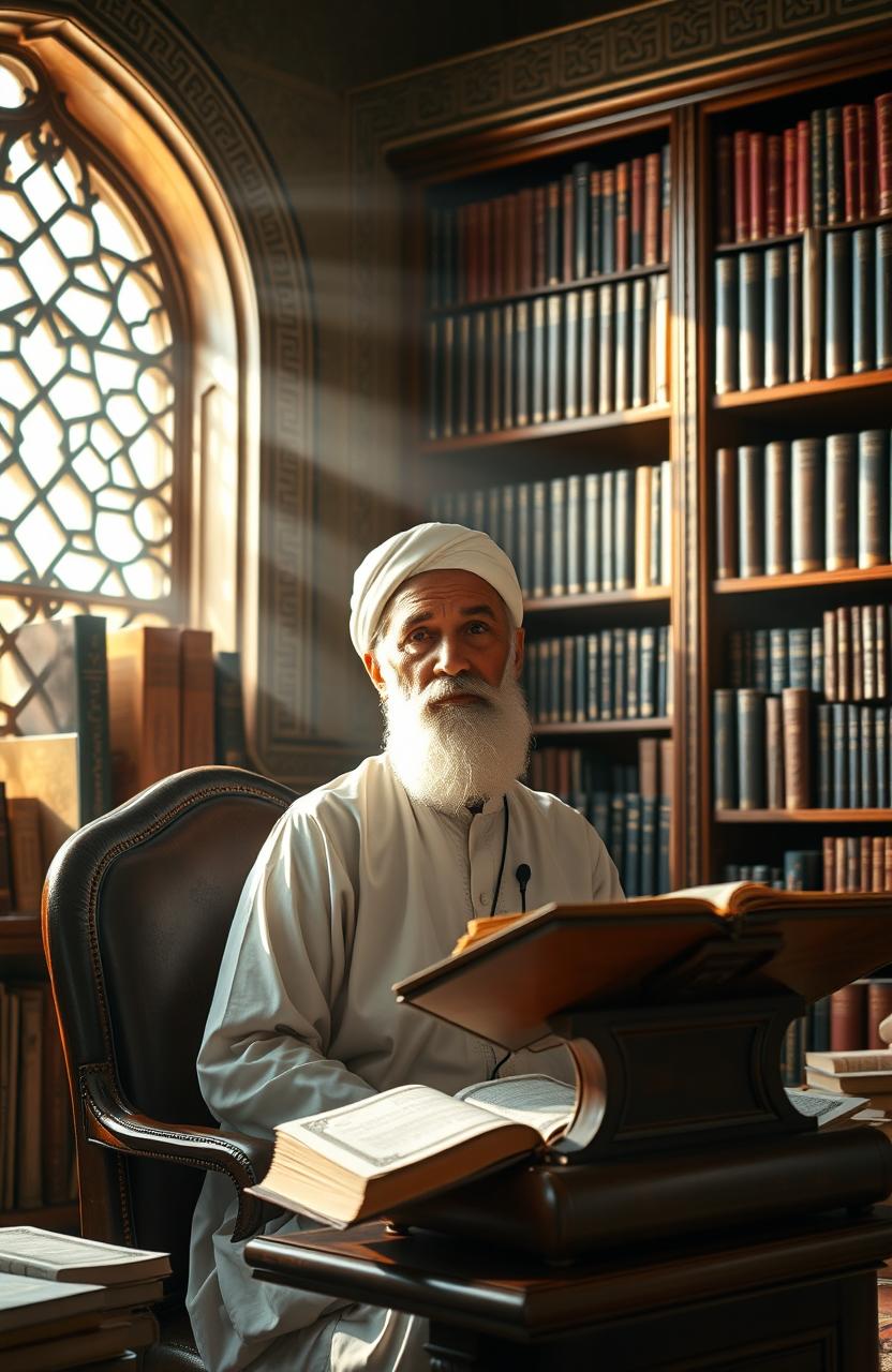 A peaceful and serene scene depicting a thoughtful scholar reflecting on the concepts of Islam and humanity, seated in a beautiful library filled with Islamic texts, the Quran prominently displayed on a wooden lectern