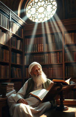 A peaceful and serene scene depicting a thoughtful scholar reflecting on the concepts of Islam and humanity, seated in a beautiful library filled with Islamic texts, the Quran prominently displayed on a wooden lectern