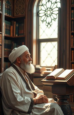 A peaceful and serene scene depicting a thoughtful scholar reflecting on the concepts of Islam and humanity, seated in a beautiful library filled with Islamic texts, the Quran prominently displayed on a wooden lectern