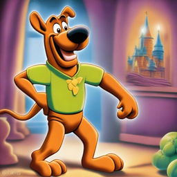 A fun, energetic image of Scooby Doo with his signature goofy smile, preparing for a new adventure in a spooky, yet lighthearted, haunted mansion