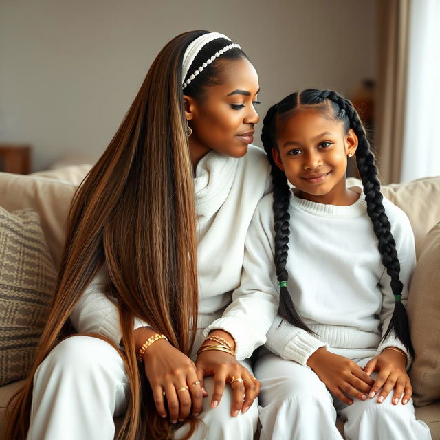 A teenager sitting on a sofa with his mother, who has incredibly long, soft, and straight hair flowing down freely